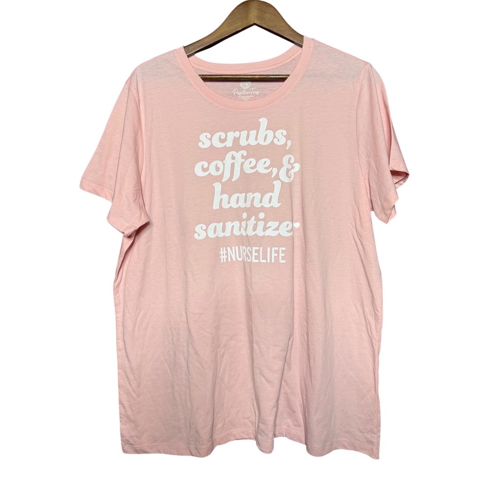 Positivitees Graphic Tee Women 2X Pink Nurse Life Coffee Scrubs Short Sleeve